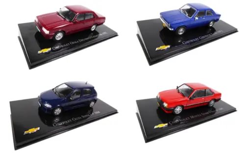 Four diecast model cars set, 1:43 scale, red and blue cars on display bases