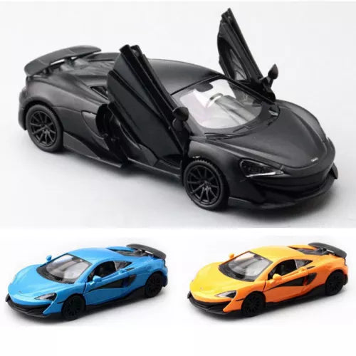 Diecast model sports car with scissor doors open, dark gray, front 3/4 view