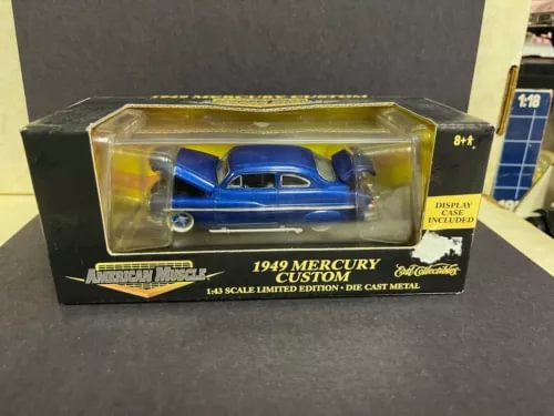 Diecast 1949 Mercury custom model car, blue, 1:43 scale, in display box