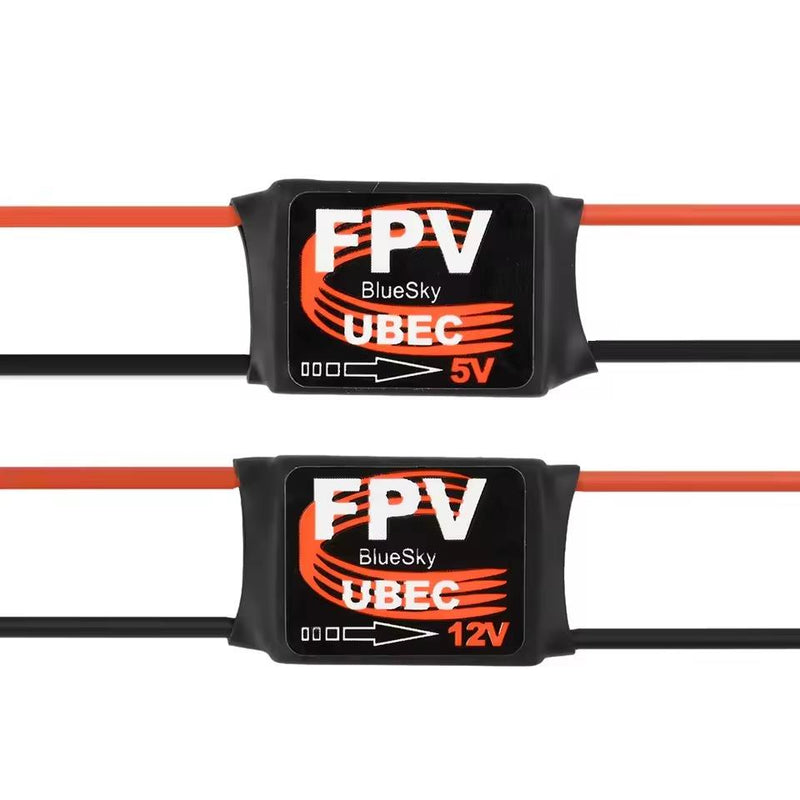 FPV UBEC step-down module with wires, showing 5V and 12V output labels