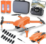 Orange quadcopter drone with 4 rotors and front camera, plus remote controller screen