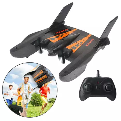 Spaceship-shaped RC airplane drone with handheld controller, black and orange