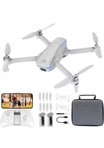 Foldable quadcopter drone with remote, spare propellers, charging cables, and carry bag