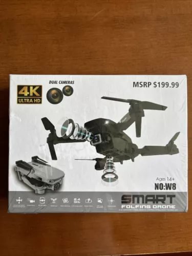 4K dual-camera drone box with dual cameras and MSRP 199.99 text