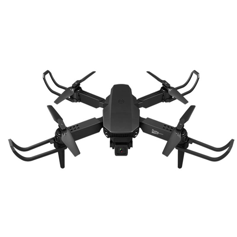 Foldable quadcopter drone with dual cameras, four propellers, and central controller body