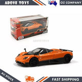 1:24 scale orange diecast sports car model in box, with black wheels and decals