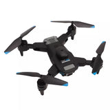 Foldable quadcopter drone with blue-tipped propellers and front camera pod