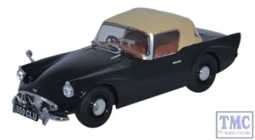 Black 1:43 diecast model car, front three-quarter view with detailed wheels