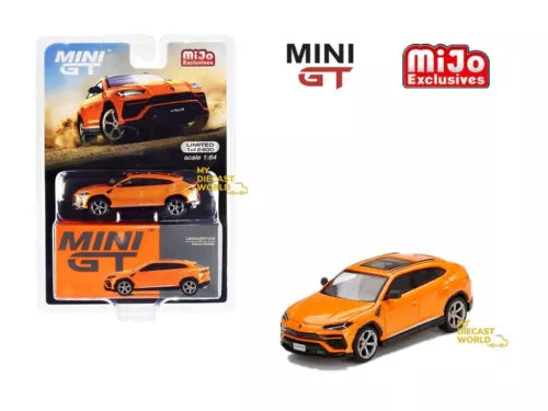 Orange diecast SUV model car with black accents, angled front view