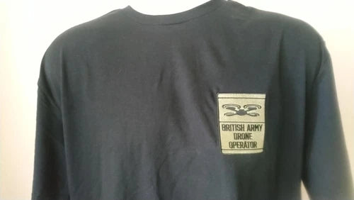 Dark crewneck T-shirt with chest logo patch, British Army Drone Operator