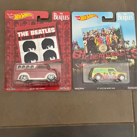 Hot Wheels Beatles diecast lot of 2 on retail cards: pink Dairy Delivery and Austin Mini Van