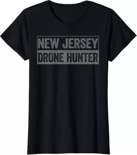 Black crewneck T-shirt with "NEW JERSEY DRONE HUNTER" front graphic