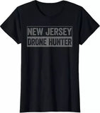 Black crewneck T-shirt with "NEW JERSEY DRONE HUNTER" front graphic