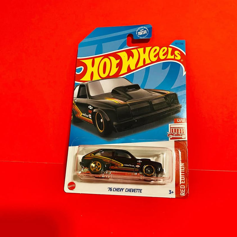 Hot Wheels Red Edition die-cast car in blister pack, black Chevy Chevette