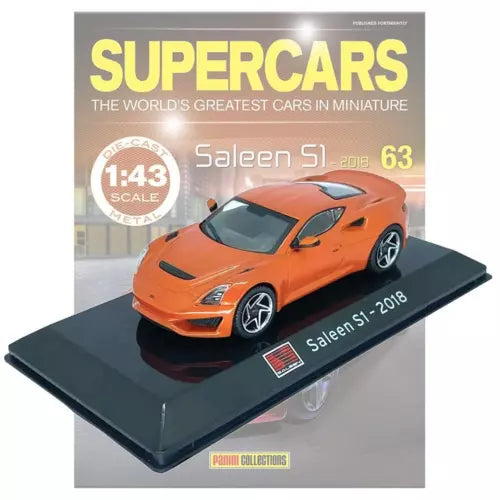 Orange Saleen S1 2018 diecast model car on display base, 1:43 scale