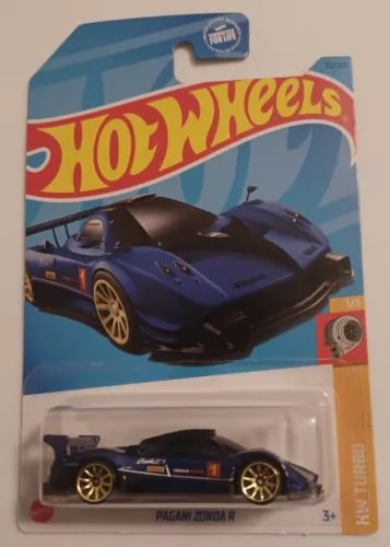 Hot Wheels diecast Pagani Zonda R #1/5 blue car in blister pack, front angle view
