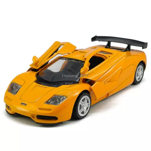 Orange diecast model car toy with black rear spoiler and silver wheels