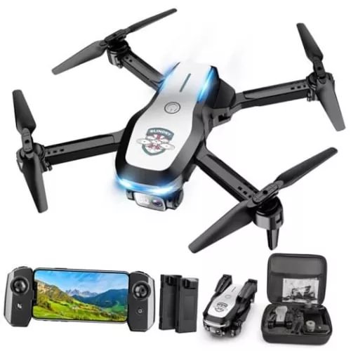 Foldable mini FPV drone with camera, four propellers, and controller & case