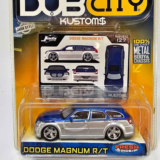 Silver and blue diecast Dodge Magnum R/T car in blister package