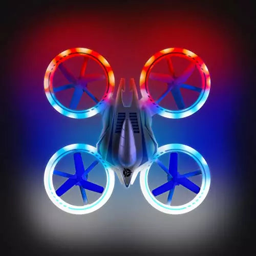 LED quadcopter mini drone with four glowing prop rings, red and blue