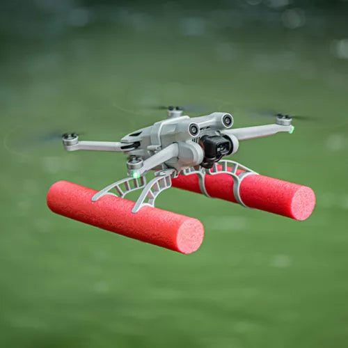 Drone water landing gear kit with red foam floats and gimbal protection arms
