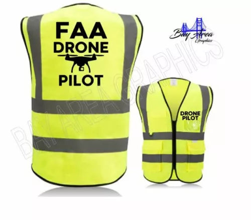 High-visibility neon yellow safety vest with reflective stripes and FAA Drone Pilot print