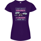Purple women's petite graphic T-shirt with drone pilot slogan front