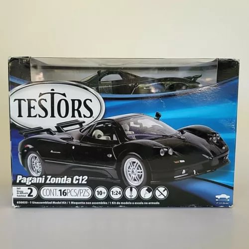 Testors Pagani Zonda C12 1:24 diecast model kit box, black car, damaged packaging