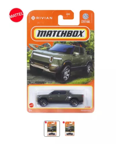 Green Matchbox diecast pickup truck toy in retail blister pack, Rivian R1T 1/64