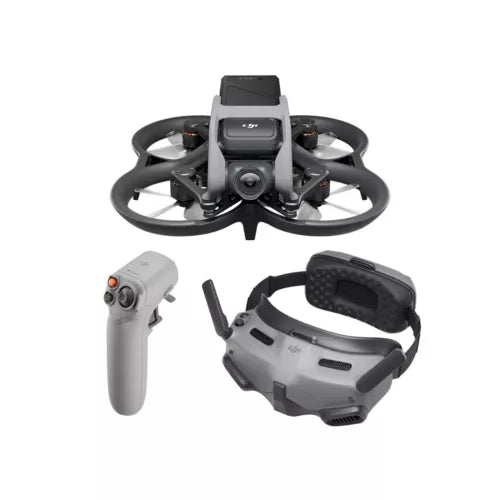FPV camera drone set with gray goggles and handheld controller, compact foldable quadcopter