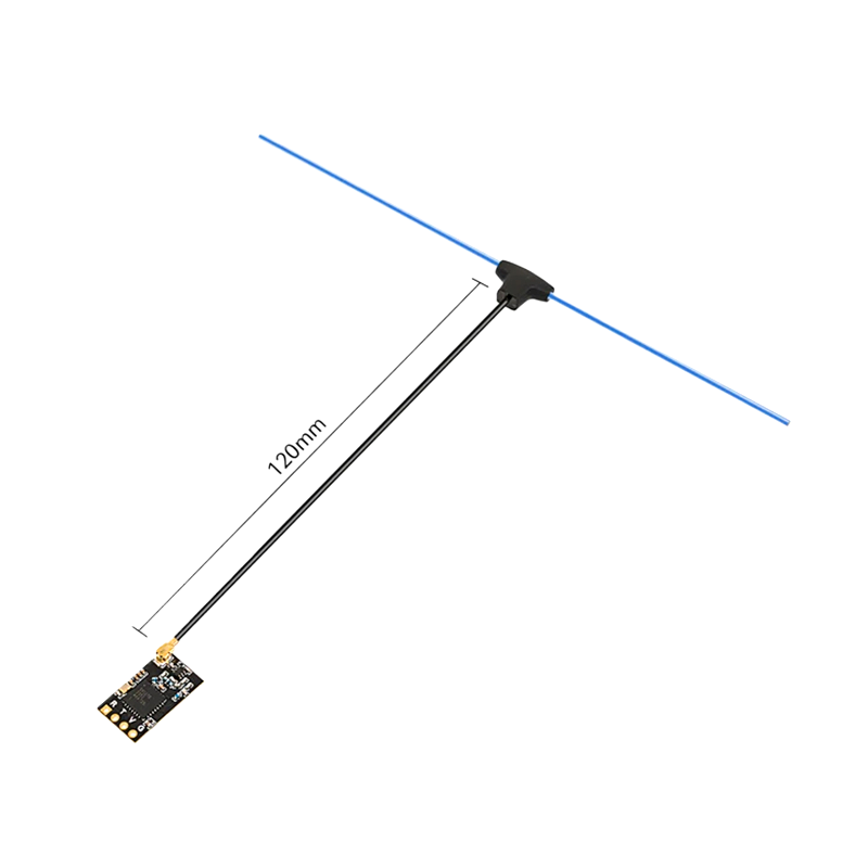 FPV receiver module with long antenna, black PCB with gold contact pads