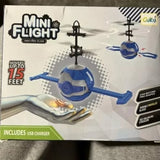 Blue UFO drone toy with propellers for mini flight, includes USB charger