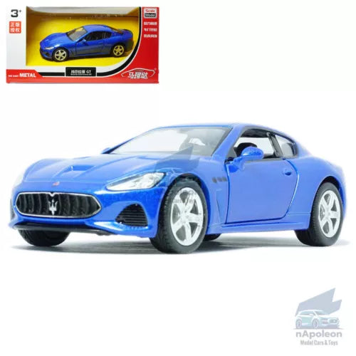 Blue Maserati GT 1/36 diecast model car, front three-quarter view, silver wheels