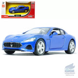 Blue Maserati GT 1/36 diecast model car, front three-quarter view, silver wheels