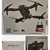 Drone box showing P13 Pro quadcopter with dual cameras and remote controller