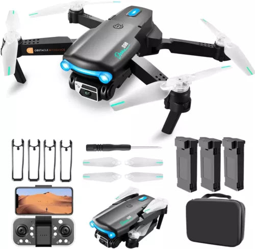 Mini quadcopter drone with controller, propellers, and spare battery cases
