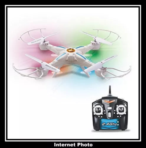 Quadcopter drone with 4 propellers and remote controller, light blue body