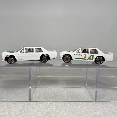 1:64 Fiat Abarth diecast cars, white with race-style decals and black wheels
