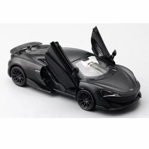 Diecast model car, matte black, front view with doors open