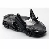 Black 1:36 diecast model car with doors open