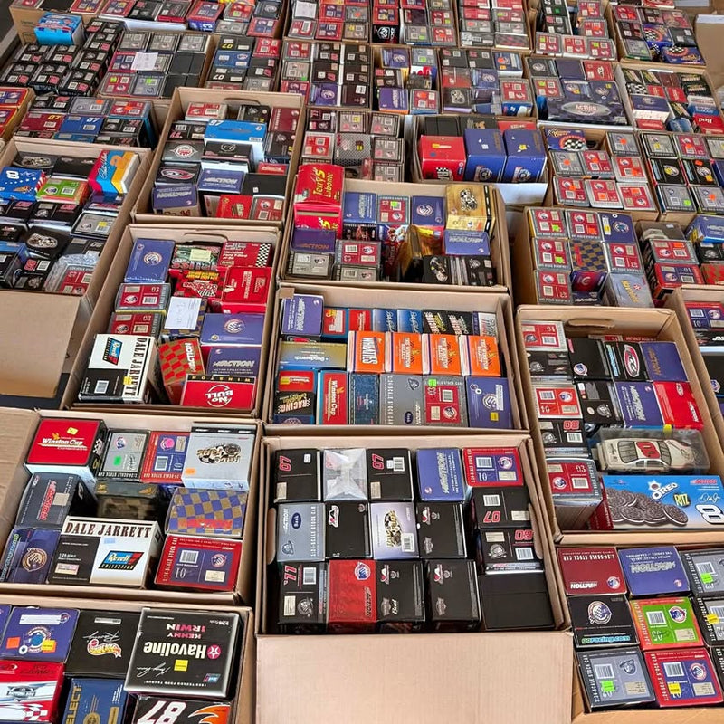 NASCAR diecast car boxes assortment in cardboard trays, assorted brands and colors