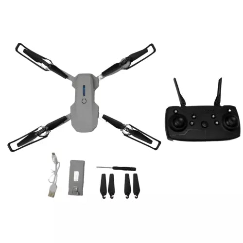 Gray quadcopter drone with controller and included accessories