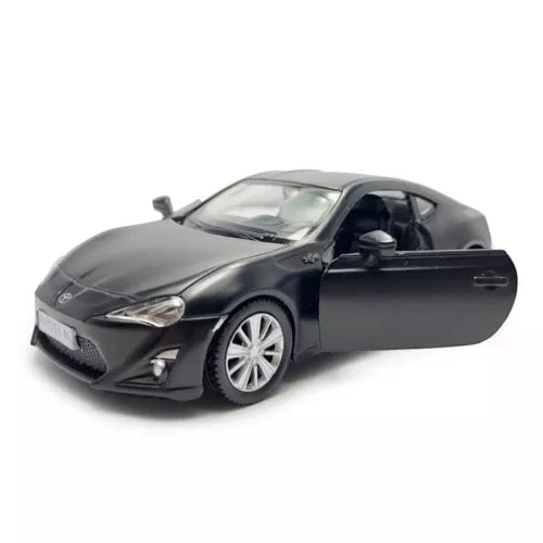 Diecast sports toy car, dark gray with open door, pull-back style wheels