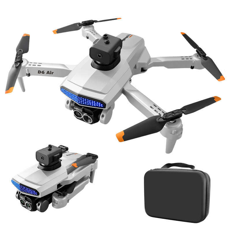 Foldable quadcopter drone with dual cameras, four orange-tipped propellers, and carry case