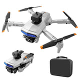 Foldable quadcopter drone with dual cameras, four orange-tipped propellers, and carry case