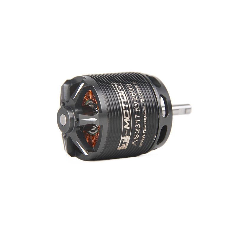 Black brushless RC motor with metal shaft, cooling fins, and mounting holes