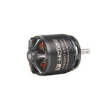 Black brushless RC motor with metal shaft, cooling fins, and mounting holes