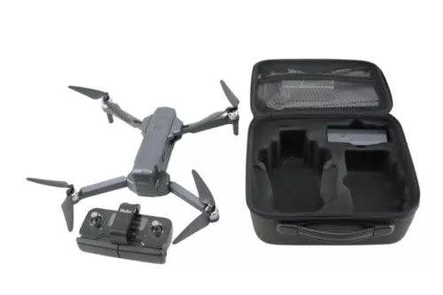 Black GPS FPV 4K camera drone with controller and open carrying case