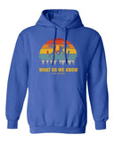 Blue unisex pullover hoodie with front graphic and kangaroo pocket, hooded