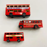 Red diecast vintage bus models, three angles